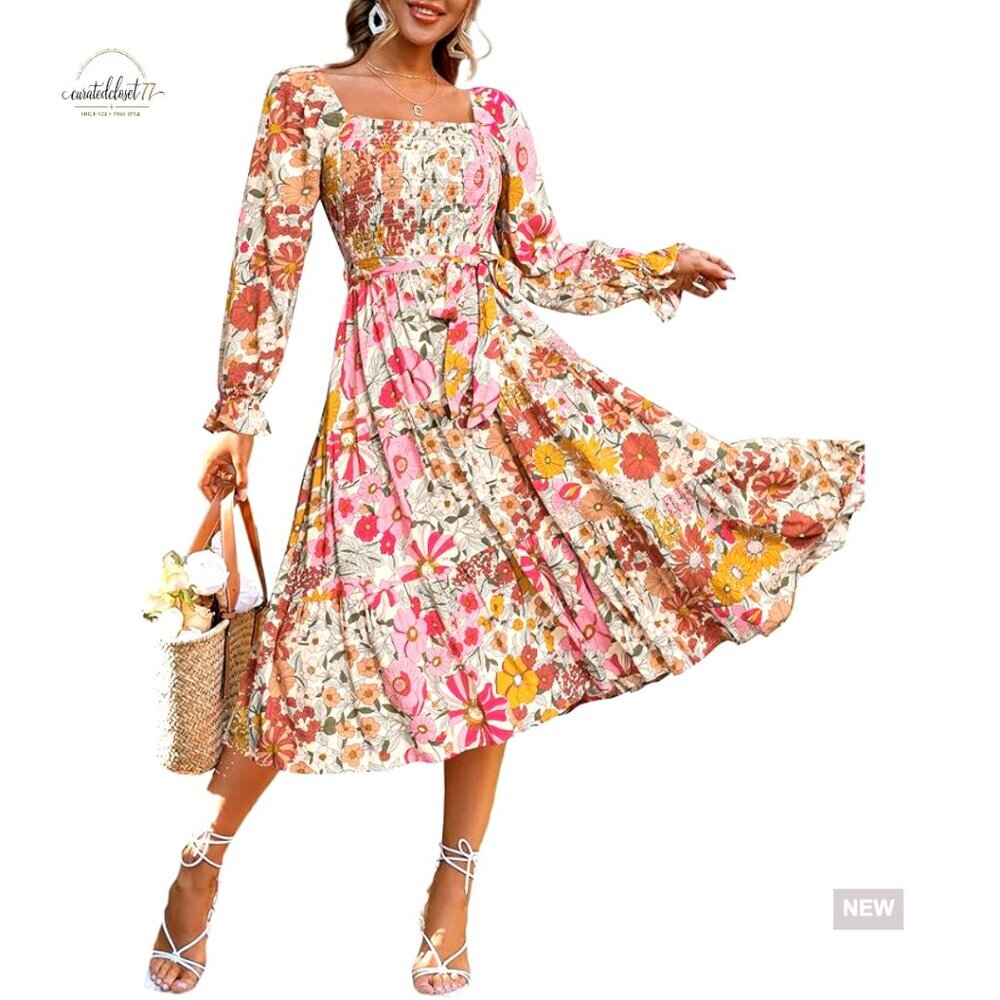 Long Sleeve Maxi Dress Square Neck Smocked Bodice Flowy Wedding Guest